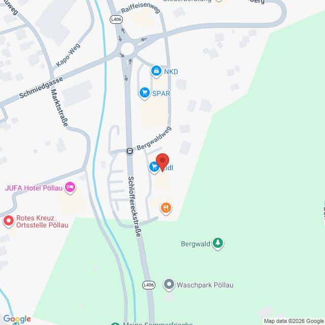Lehrlingsportal.at Eine Karte, auf der ein Ort in der Nähe von Bergwald in Pöllau, Österreich, hervorgehoben ist und auf der nahegelegene Sehenswürdigkeiten wie ein SPAR-Supermarkt, ein Hotel und verschiedene Straßen zu sehen sind.