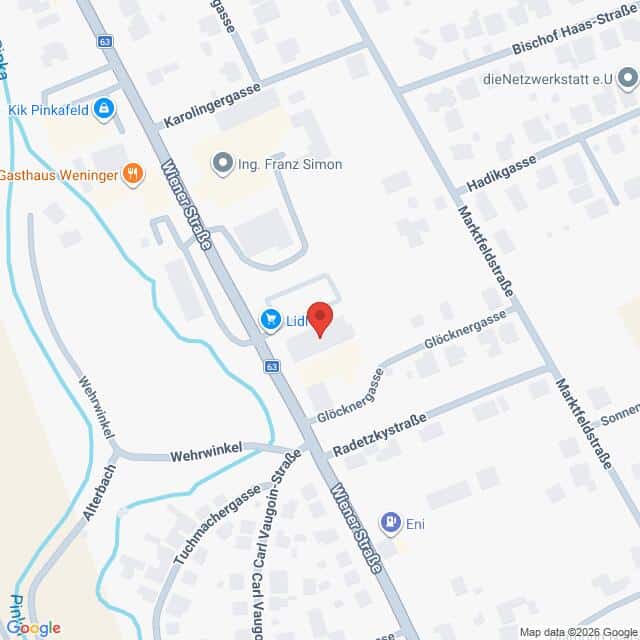 Lehrlingsportal.at Karte, auf der der Standort einer Lidl-Filiale an der Kreuzung von Glöcknergasse und Wiener Straße in Pinkafeld, Österreich, markiert ist, wobei die umliegenden Straßen und Orientierungspunkte beschriftet sind.