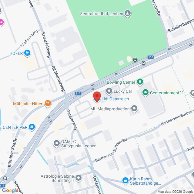 Lehrlingsportal.at Kartenansicht mit der Lage von Lidl Österreich in der Nähe des Österr.wegs und des Zentralfriedhofs Leoben in Leoben, Österreich, mit Beschriftung der umliegenden Geschäfte und Straßen.