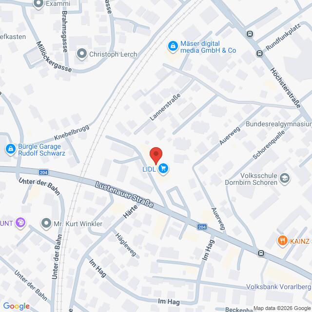 Lehrlingsportal.at Karte mit der Lage einer Lidl-Filiale in der Lustenauer Straße in Dornbirn, Österreich, umgeben von Straßen und nahegelegenen Geschäften.