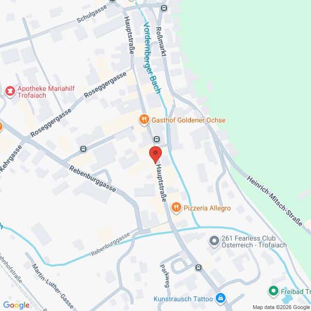 Lehrlingsportal.at Stadtplan von Trofaiach, Österreich, mit wichtigen Orten wie einer Apotheke, Restaurants und einem Tattoo-Studio; die Hauptstraße ist durch eine rote Markierung in der Nähe des Vordernberger Bachs gekennzeichnet.