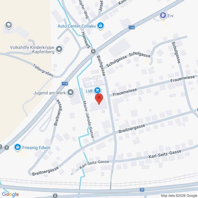 Lehrlingsportal.at Karte, die einen Ausschnitt aus Kapfenberg (Österreich) zeigt, mit beschrifteten Straßen und einem Lidl-Markt in der Nähe der Mitterland-Gasse und der Frauenwiese. Zu den Sehenswürdigkeiten in der Umgebung zählen Schulen und andere lokale Geschäfte.