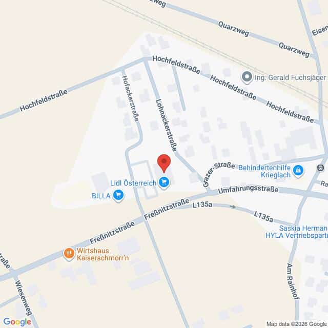 Lehrlingsportal.at Karte, die einen Abschnitt der Hochfeldstraße und der umliegenden Straßen in Krieglach, Österreich, zeigt, mit Markierungen für BILLA- und Lidl-Filialen sowie weiteren lokalen Sehenswürdigkeiten.
