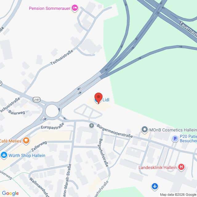 Lehrlingsportal.at Karte mit der Lage von Lidl in der Nähe eines Kreisverkehrs an der Europastraße in Hallein, Österreich, mit den umliegenden Straßen und Sehenswürdigkeiten.