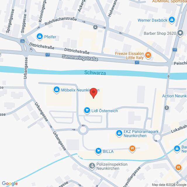 Lehrlingsportal.at Karte, die einen Teil von Neunkirchen (Österreich) zeigt, mit Sehenswürdigkeiten wie Lidl Österreich, Möbelix Neunkirchen und dem Einkaufszentrum Panoramapark Neunkirchen in der Nähe des Flusses Schwarza.