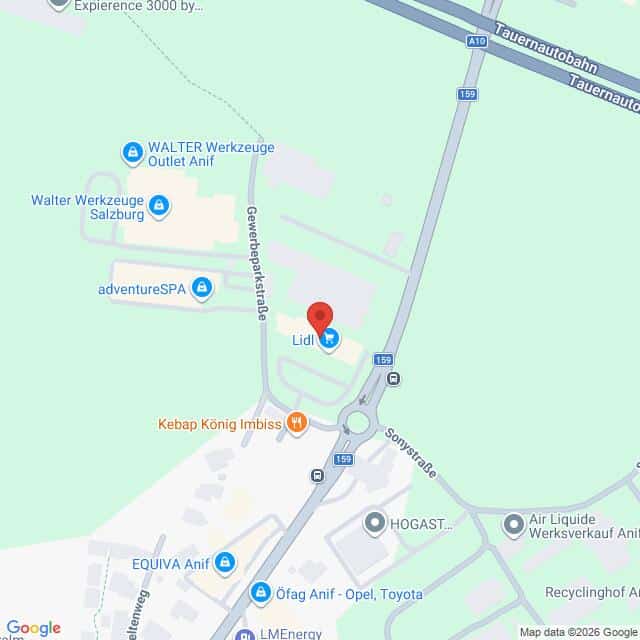 Lehrlingsportal.at Kartenansicht mit dem Standort von Lidl in Anif, Österreich, in der Nähe der Gewerbeparkstraße und der Söllheimer Straße, wobei die umliegenden Geschäfte markiert sind.