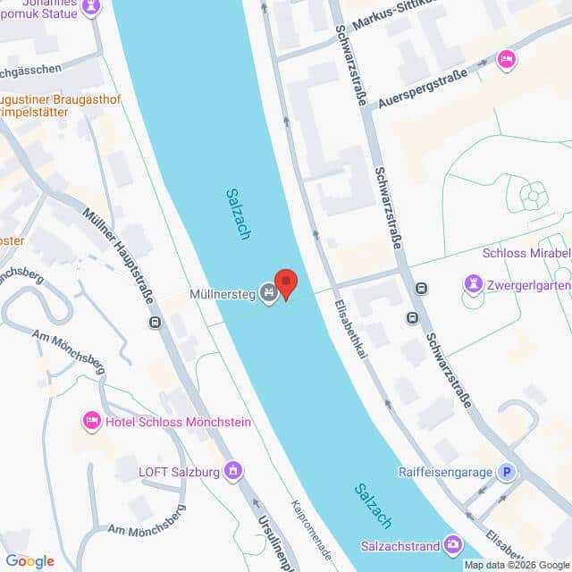 Lehrlingsportal.at Karte mit der Lage der Müllnersteg-Brücke über die Salzach in Salzburg, Österreich, auf der die umliegenden Straßen und Sehenswürdigkeiten eingezeichnet sind.