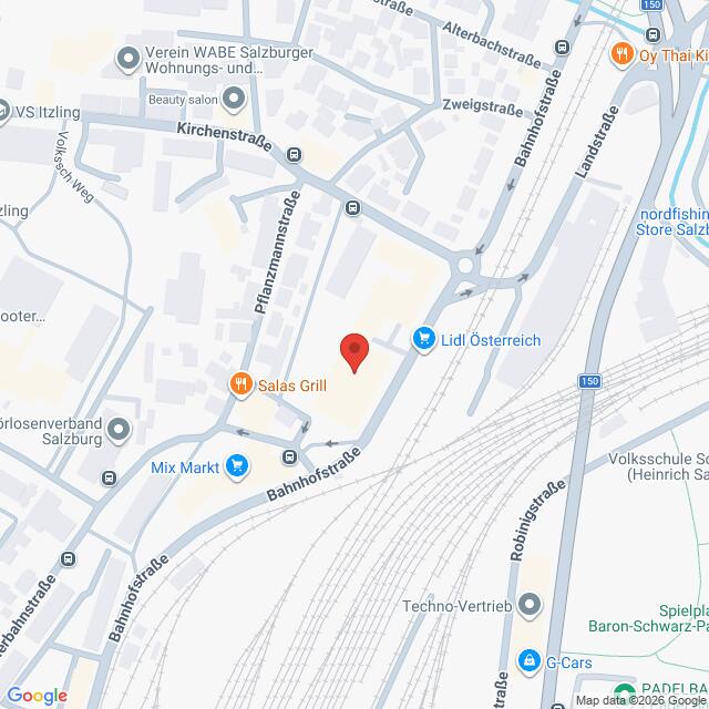 Lehrlingsportal.at Karte mit einer Markierung, die einen Standort an der Bahnhofstraße in der Nähe von Lidl Österreich und Salas Grill in Salzburg, Österreich, kennzeichnet, mit Beschriftung der Straßen und der umliegenden Geschäfte.