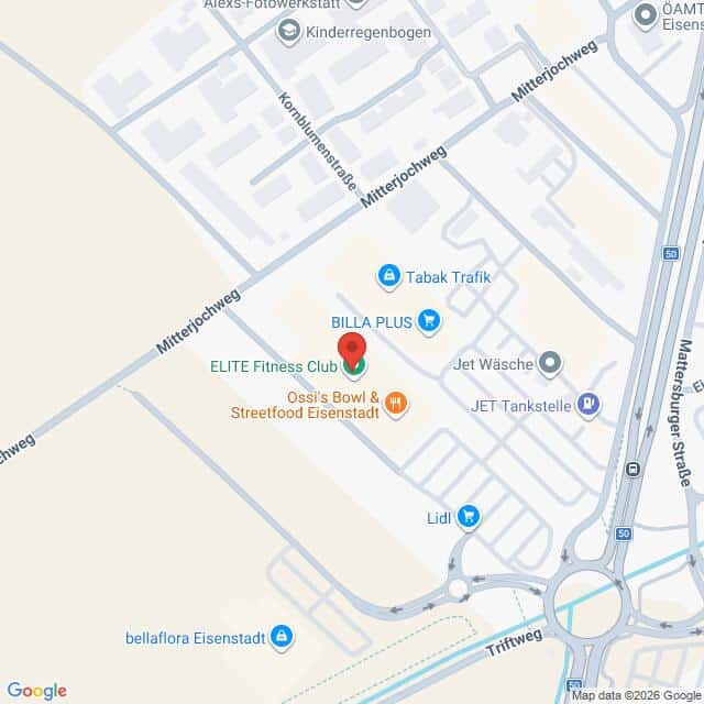 Lehrlingsportal.at Eine Karte, auf der die Standorte verschiedener Geschäfte wie BILLA PLUS, Lidl, ELITE Fitness Club und Ossi’s Bowl & Streetfood Eisenstadt in der Nähe der Kreuzung Mitteräckerweg/Mattersburger Straße eingezeichnet sind.