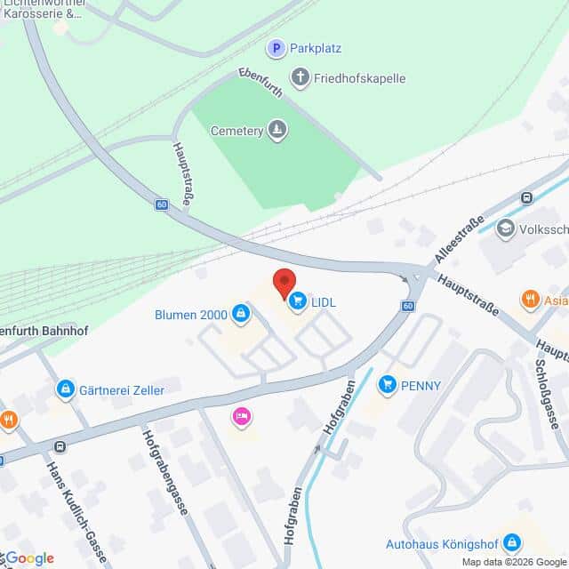 Lehrlingsportal.at Karte mit der Lage des LIDL in der Nähe des Bahnhofs Ebenfurth, mit umliegenden Geschäften, Straßen und einem Friedhof im Norden.