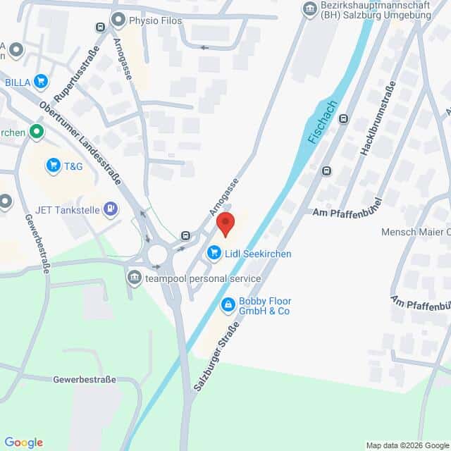 Lehrlingsportal.at Kartenansicht mit Straßen und Geschäften in der Nähe von Lidl Seekirchen entlang der Salzburger Straße und in Fischach in Seekirchen, Österreich.