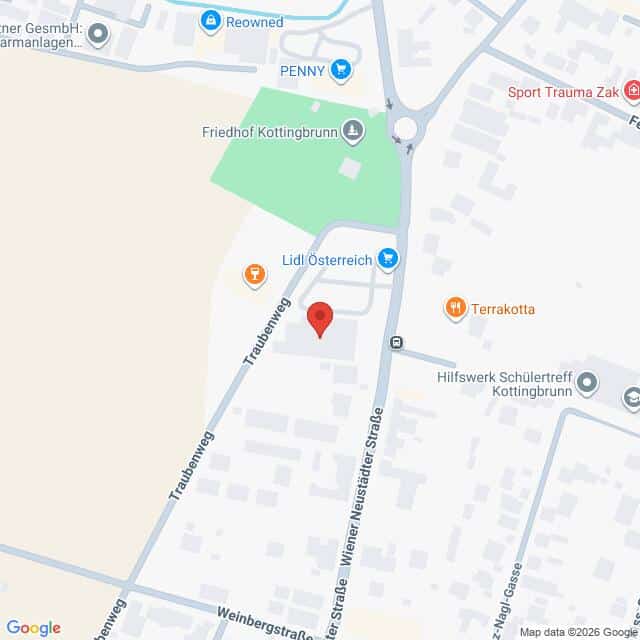 Lehrlingsportal.at Eine Karte, die die Kreuzung von Traubenweg und Wiener Neustädter Straße in Kottingbrunn, Österreich, zeigt, auf der nahegelegene Geschäfte und Sehenswürdigkeiten eingezeichnet sind.