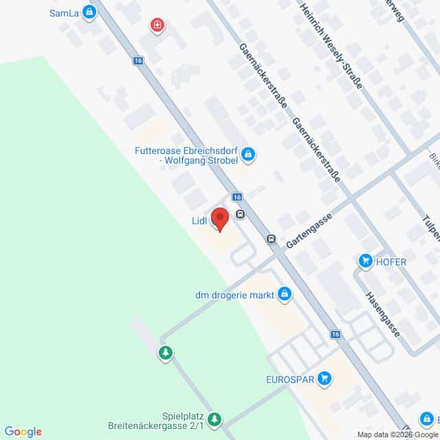 Lehrlingsportal.at Karte mit den Standorten von Lidl, dm drogerie markt, EUROSPAR und HOFER entlang einer Hauptstraße in Ebreichsdorf, Österreich, mit angrenzenden Wohnstraßen und einer Parkanlage.