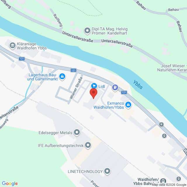 Lehrlingsportal.at Karte mit dem Standort einer Lidl-Filiale an der Wiener Straße in der Nähe der Ybbs in Waidhofen an der Ybbs, Österreich, sowie den umliegenden Geschäften und Straßen.