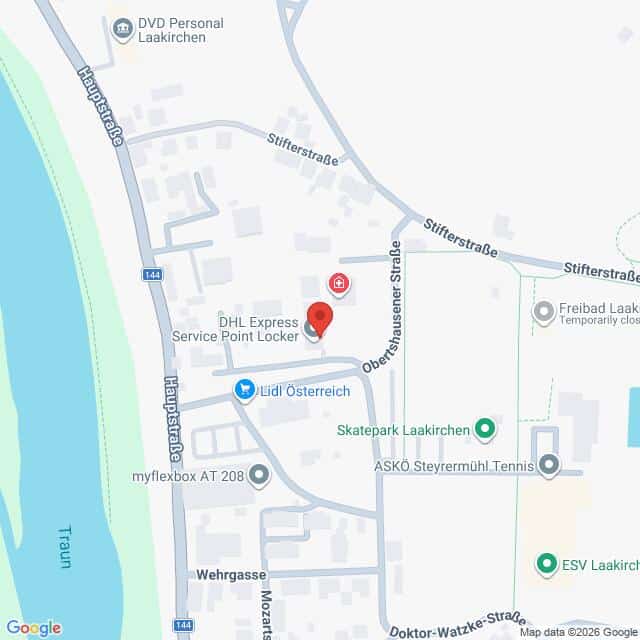 Lehrlingsportal.at Eine Karte, auf der die Umgebung des DHL Express Service Point Locker und des Lidl in Laakirchen, Österreich, hervorgehoben ist und auf der die umliegenden Straßen sowie Sehenswürdigkeiten gekennzeichnet sind.