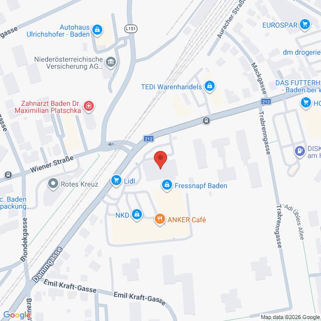 Lehrlingsportal.at Karte, die einen Teil von Baden (Österreich) mit Geschäften wie Lidl, Fressnapf, NKD und ANKER Café in der Nähe der Emil-Kraft-Gasse und der Wiener Straße zeigt.
