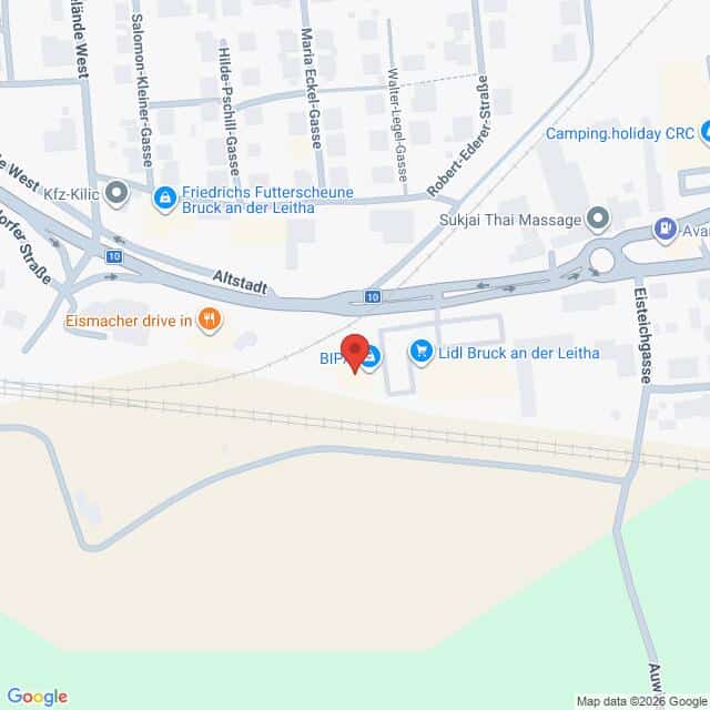 Lehrlingsportal.at Karte mit der Lage von BIPA in der Nähe von Lidl und den Bahngleisen in Bruck an der Leitha, Österreich, auf der die umliegenden Straßen und Geschäfte eingezeichnet sind.