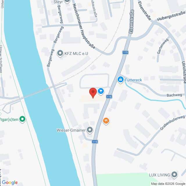 Lehrlingsportal.at Eine Karte, auf der Straßen in der Nähe eines Flusses dargestellt sind, darunter die Eisenstraße und Steyr, wobei verschiedene Geschäfte und Sehenswürdigkeiten mit Symbolen gekennzeichnet sind.