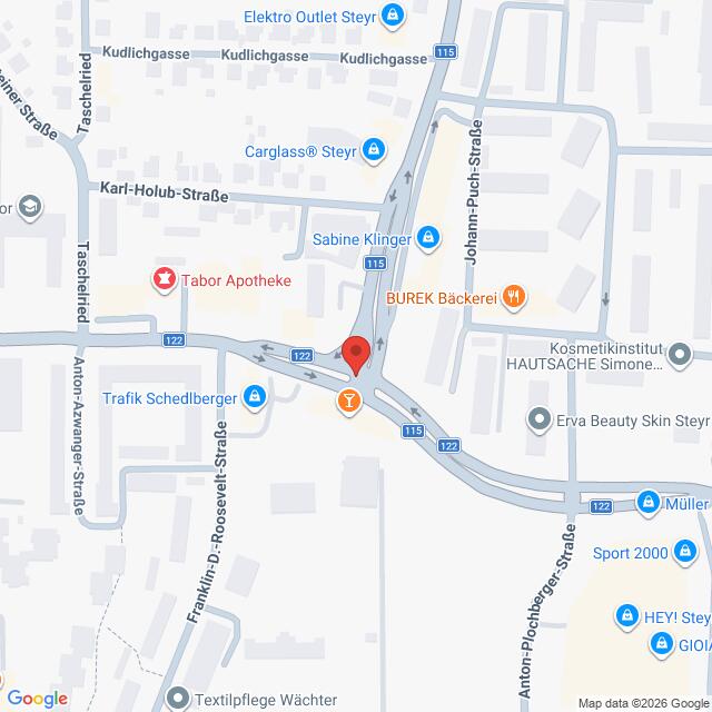 Lehrlingsportal.at Karte, die eine Kreuzung in Steyr, Österreich, zeigt, mit Markierungen für eine Apotheke, eine Bäckerei und andere lokale Geschäfte in den umliegenden Straßen.