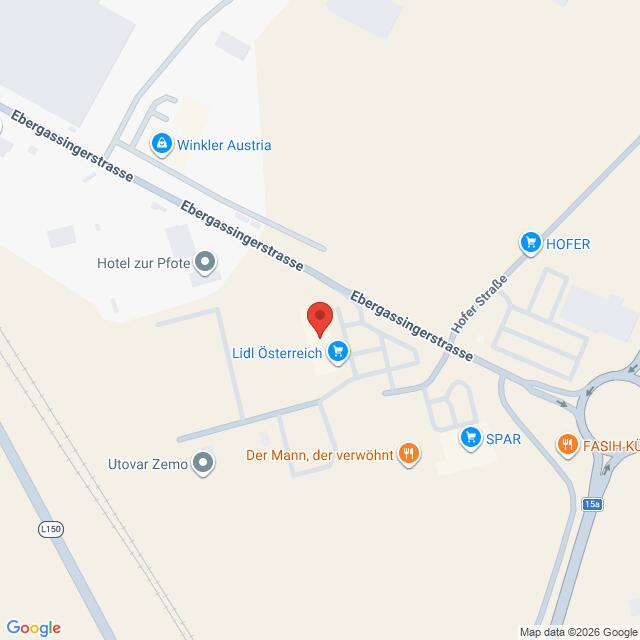 Lehrlingsportal.at Karte der Ebergassingstraße mit in der Nähe gelegenen Standorten wie HOFER, Lidl Österreich, SPAR, Hotel zur Pfote und Winkler Austria.