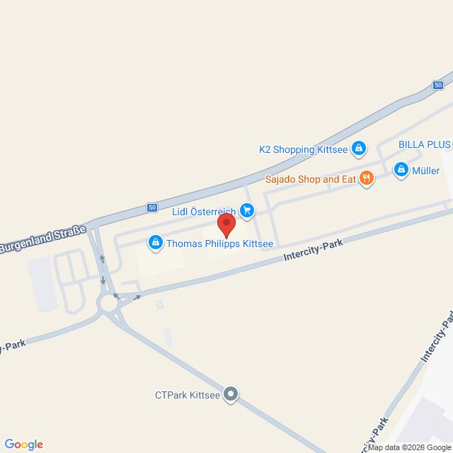 Lehrlingsportal.at Karte mit den Einkaufsmöglichkeiten in Kittsee, Österreich, darunter Lidl, BILLA PLUS, Müller, K2 Shopping Kittsee und Thomas Philipps Kittsee, in der Nähe der Burgenland Straße und des Intercity-Parks.
