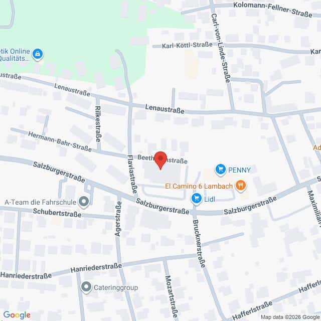 Lehrlingsportal.at Karte, die einen Ausschnitt aus Lambach (Österreich) zeigt, mit einer roten Standortmarkierung an der Beethovenstraße in der Nähe der Salzburgerstraße sowie den in der Nähe gelegenen Geschäften Lidl und PENNY.