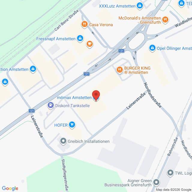 Lehrlingsportal.at Karte mit der Lage von mömax Amstetten in der Leinerstraße, in der Nähe von HOFER, McDonald’s, Burger King und einer Tankstelle in Amstetten, Österreich.