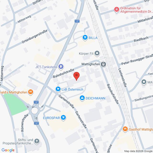 Lehrlingsportal.at Karte, die einen Ausschnitt aus Mattighofen, Österreich, zeigt und den Standort von Lidl Österreich in der Bahnhofstraße hervorhebt, wobei nahegelegene Geschäfte und Straßen beschriftet sind.