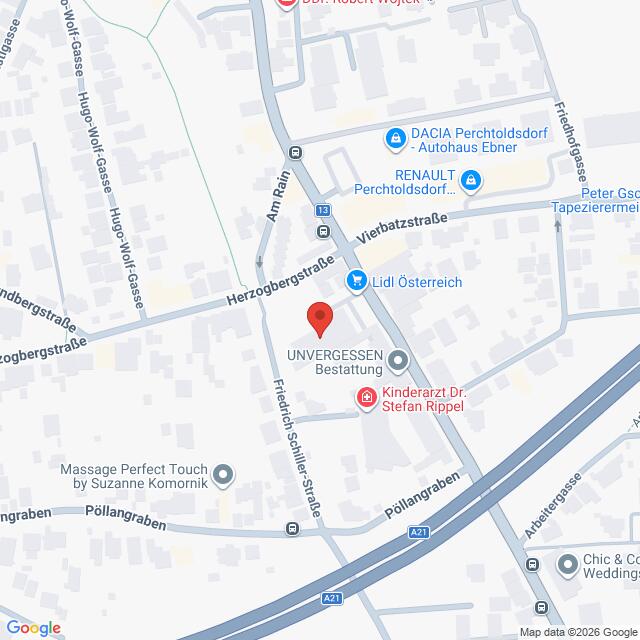Lehrlingsportal.at Eine Karte, auf der der Standort von „Unvergessen Bestattung“ in der Herzogbergstraße in der Nähe von Lidl Österreich und verschiedenen lokalen Geschäften in Perchtoldsdorf, Österreich, zu sehen ist.