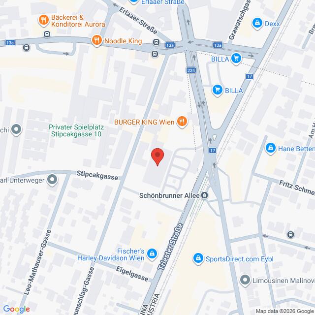 Lehrlingsportal.at Eine digitale Karte, die einen Ausschnitt von Wien, Österreich, zeigt, auf der Straßen, Geschäfte und Sehenswürdigkeiten rund um die Kreuzung Schönbrunner Allee und Stipcakgasse eingezeichnet sind.