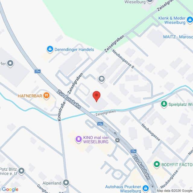 Lehrlingsportal.at Eine Karte, die einen Ausschnitt von Wieselburg mit Straßen, Geschäften und einer Markierung am Zeiselgraben in der Nähe der Kreuzstraße und der Zur Autobahn zeigt.