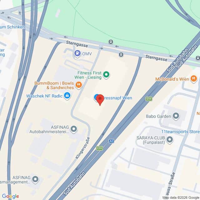 Lehrlingsportal.at Karte mit einer Lage in der Nähe der Sterngasse und der Klingerstraße in Wien, Österreich, auf der umliegende Geschäfte und die Südautobahn (A2) zu sehen sind.