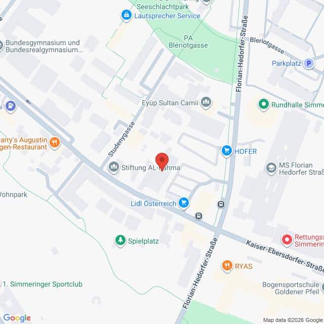 Lehrlingsportal.at Karte mit dem Standort der Stiftung Al-Umma in Wien, Österreich, in der Nähe von Lidl Österreich und HOFER, auf der die umliegenden Straßen und Sehenswürdigkeiten eingezeichnet sind.