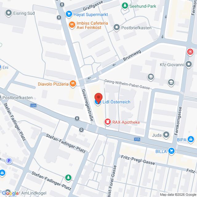 Lehrlingsportal.at Karte mit der Lage von Lidl Österreich in der Gustlgasse in Wien, Österreich, auf der nahegelegene Geschäfte und Straßen eingezeichnet sind.