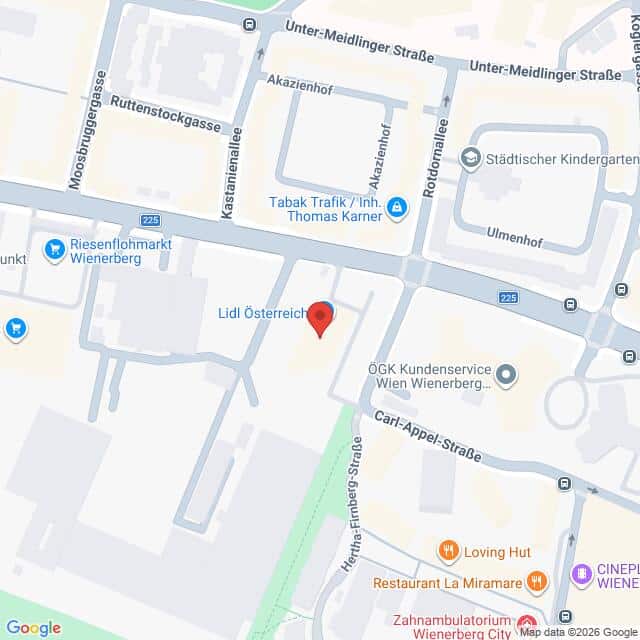 Lehrlingsportal.at Karte mit der Lage von Lidl Österreich in Wien, in der Nähe der Carl-Appel-Straße und der Kastanienallee, auf der die umliegenden Geschäfte und Straßen eingezeichnet sind.