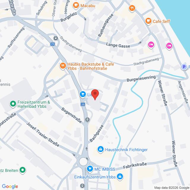 Lehrlingsportal.at Karte mit Straßen und Geschäften in der Nähe des Burgwiesenrings und der Bahnhofstraße in Ybbs, Österreich, mit markierten Standorten von Geschäften, Restaurants und öffentlichen Einrichtungen.