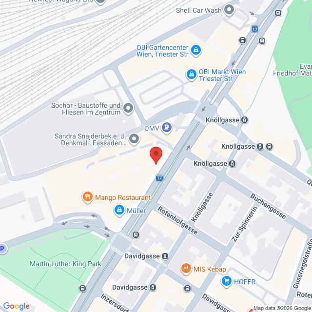 Lehrlingsportal.at Kartenansicht eines Stadtviertels in Wien, Österreich, mit hervorgehobenen Straßen, Restaurants, Geschäften, Parks und anderen Orten in der Nähe, wie zum Beispiel dem Restaurant „Mango“, HOFER und dem Martin-Luther-King-Park.