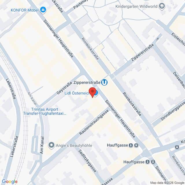Lehrlingsportal.at Karte mit der Lage von Lidl Österreich an der Simmeringer Hauptstraße in Wien, in der Nähe der U-Bahn-Station Zippererstraße und der umliegenden Geschäfte.