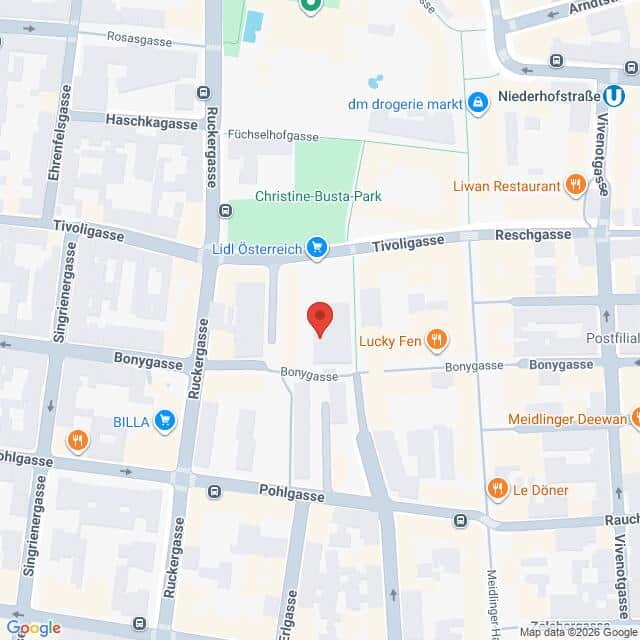 Lehrlingsportal.at Karte, die einen Ausschnitt von Wien mit beschrifteten Straßen zeigt, darunter die Bonygasse, die Tivoligasse und die Singrienergasse; verschiedene Geschäfte und Sehenswürdigkeiten sind mit Symbolen und Namen gekennzeichnet.