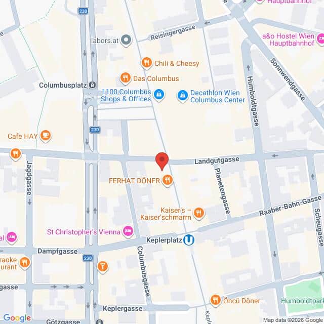 Lehrlingsportal.at Karte der Kreuzung von Columbusgasse und Landgutgasse in Wien, Österreich, mit eingezeichneten Geschäften und Sehenswürdigkeiten in der Umgebung.