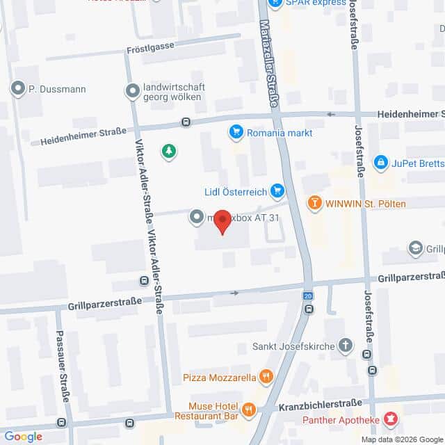 Lehrlingsportal.at Eine Karte mit Straßen und Geschäften in St. Pölten, Österreich, darunter Lidl Österreich, Romania Markt und Pizza Mozzarella, mit einer roten Markierung in der Nähe der Viktor-Adler-Straße.