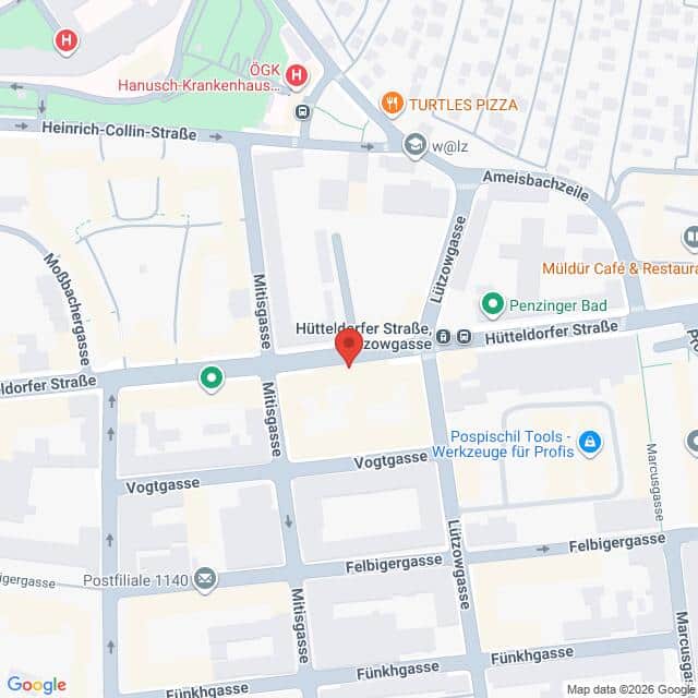 Lehrlingsportal.at Karte der Kreuzung zwischen der Hütteldorfer Straße und der Zwölfgasse in Wien, Österreich, mit den umliegenden Straßen, Sehenswürdigkeiten und Geschäften.
