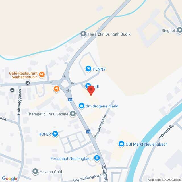 Lehrlingsportal.at Karte, die einen Teil von Seebach (Österreich) zeigt und Geschäfte wie PENNY, dm drogerie markt, HOFER und OBI Markt entlang der Seebachgasse und in den angrenzenden Straßen hervorhebt.