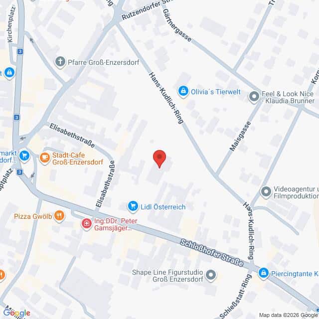 Lehrlingsportal.at Karte, die einen Ausschnitt aus Groß-Enzersdorf (Österreich) zeigt, mit beschrifteten Straßen und Geschäften sowie einer roten Standortmarkierung in der Nähe der Elisabethstraße und des Hans-Kudlich-Rings.