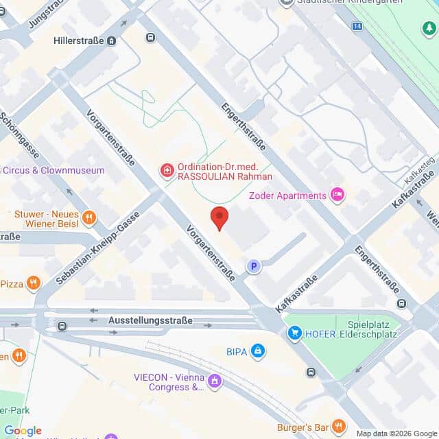 Lehrlingsportal.at Kartenansicht einer Straßenkreuzung in Wien, Österreich, mit umliegenden Geschäften, Sehenswürdigkeiten und einer roten Standortmarkierung an der Vorgartenstraße.