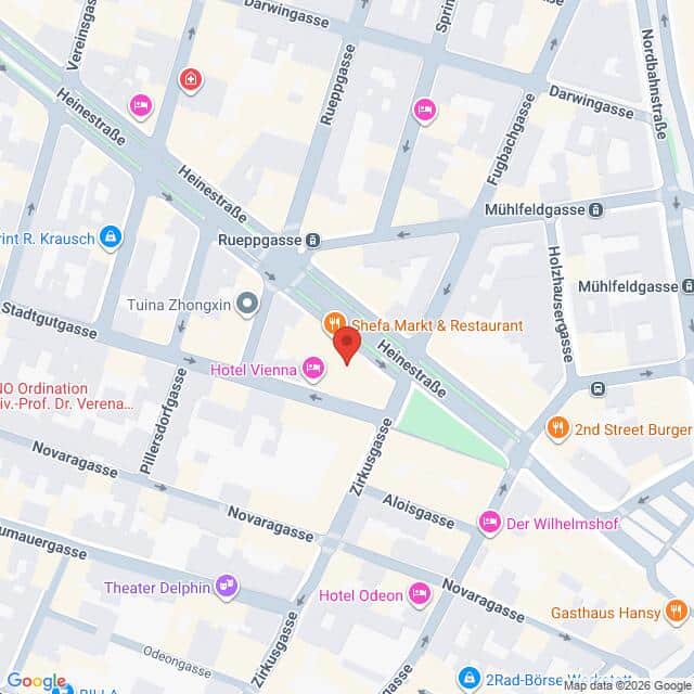 Lehrlingsportal.at Karte mit Straßen und Sehenswürdigkeiten in der Nähe der Heinestraße in Wien, Österreich, darunter Restaurants, Hotels und Arztpraxen.