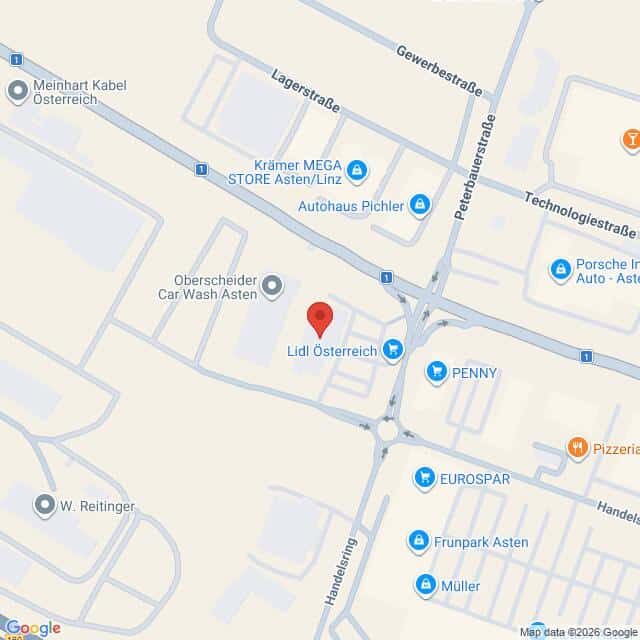Lehrlingsportal.at Karte mit dem Standort von Lidl Österreich in Asten, Österreich, in der Nähe eines Kreisverkehrs mit umliegenden Geschäften wie Penny, Eurospar, Frunpark Asten, Müller und einem Autohaus.