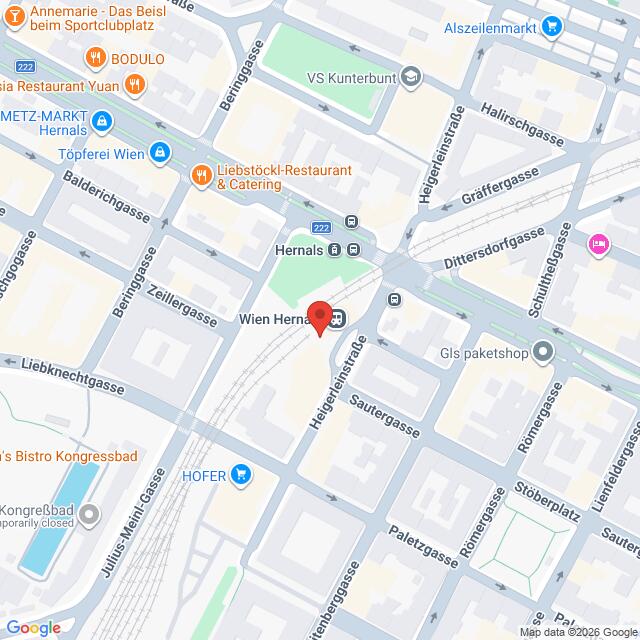 Lehrlingsportal.at Karte der Umgebung des Bahnhofs Wien-Hernals in Wien, Österreich, mit den in der Nähe gelegenen Straßen und Geschäften.