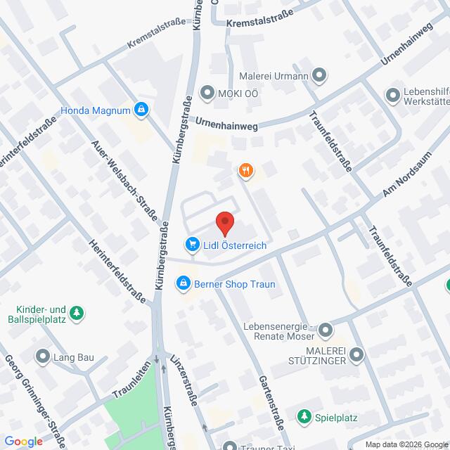 Lehrlingsportal.at Eine Karte, auf der der Standort von Lidl Österreich in Traun, Österreich, dargestellt ist und auf der nahegelegene Straßen, Geschäfte und Sehenswürdigkeiten eingezeichnet sind.