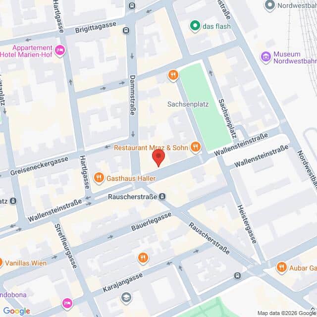 Lehrlingsportal.at Eine Karte, auf der die Kreuzung von Wallensteinstraße und Dammstraße in Wien dargestellt ist, mit den in der Nähe befindlichen Sehenswürdigkeiten und Geschäften.